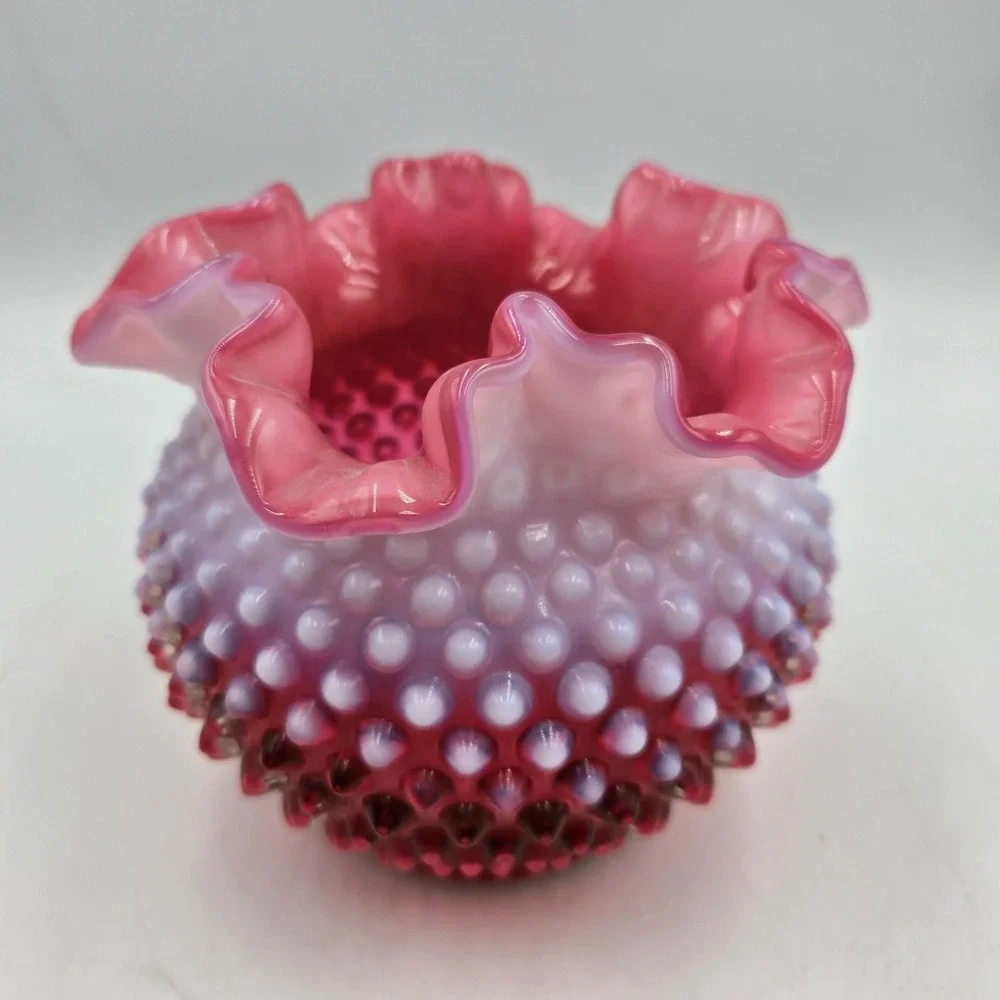 Fenton Cranberry Opalescent Hobnail Glass Vase Rose Bowl Ruffle Crimped Vintage